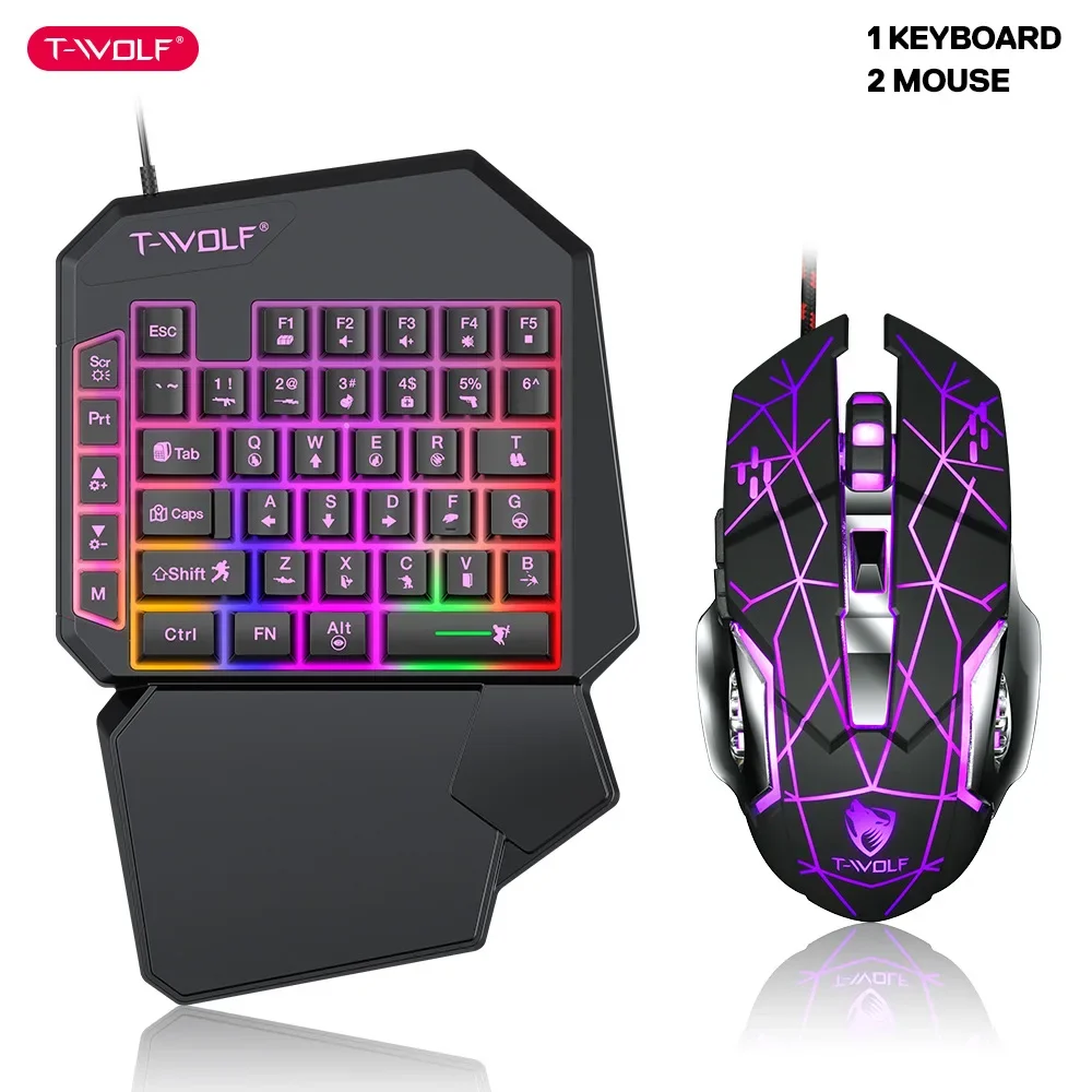 T-WOLF TF900 One Handed Keyboard Throne Set Mobile Luminous Game Chicken Eating Mobile Game Keyboard  Gaming Accessories