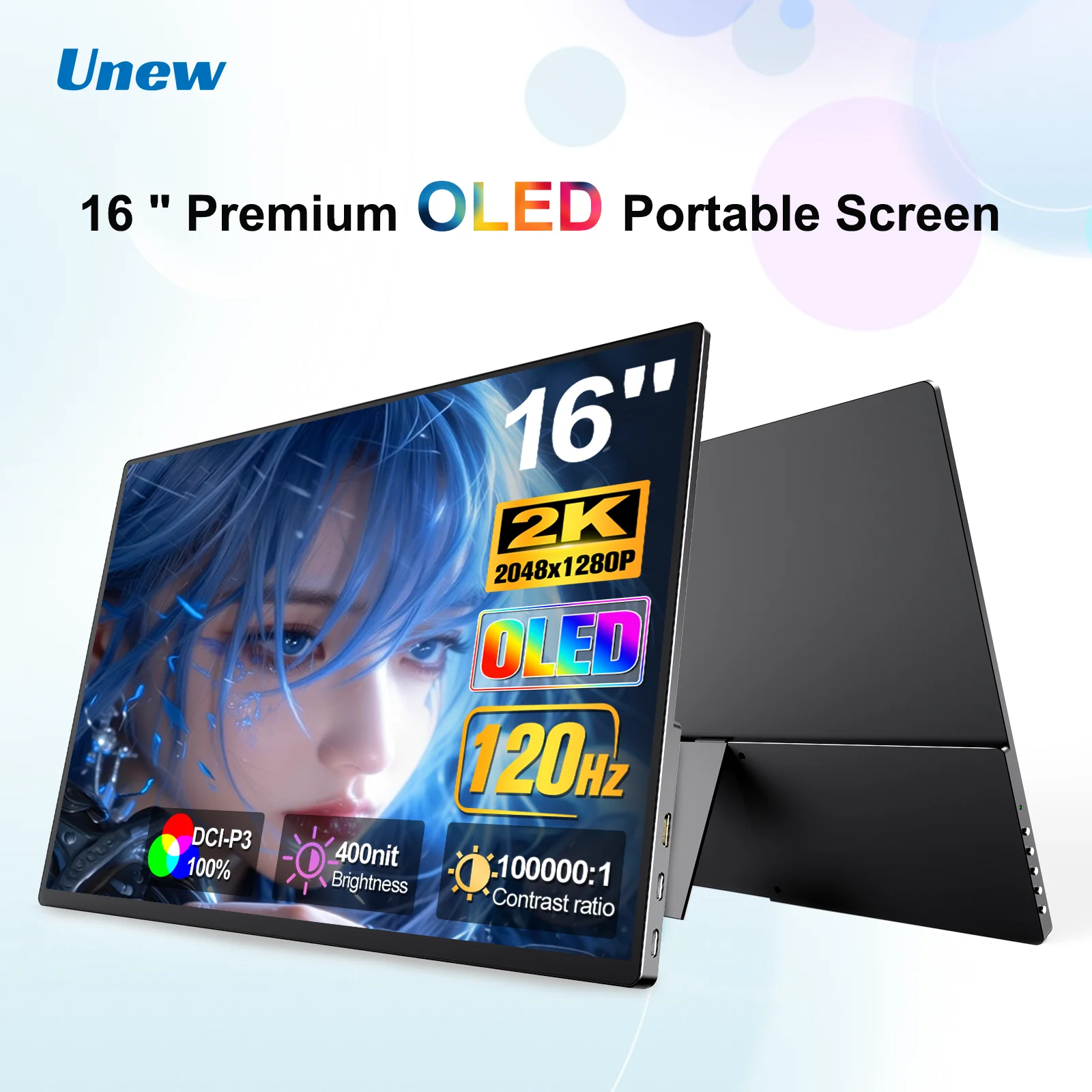 16 Inch 2K 120Hz OLED Portable Monitor 2048×1280 100% DCI-P3 VESA Mount Screen for Laptop PS5 Switch Xbox Game Design Office