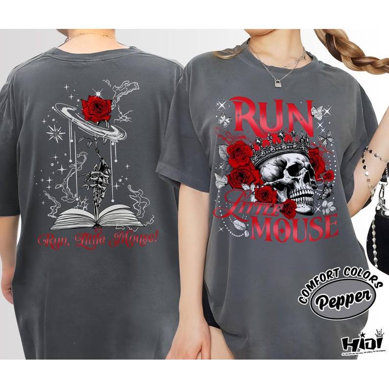 Camiseta Oversized Branco de Algodão Unissex, Run Little Mouse Caveira e Rosa