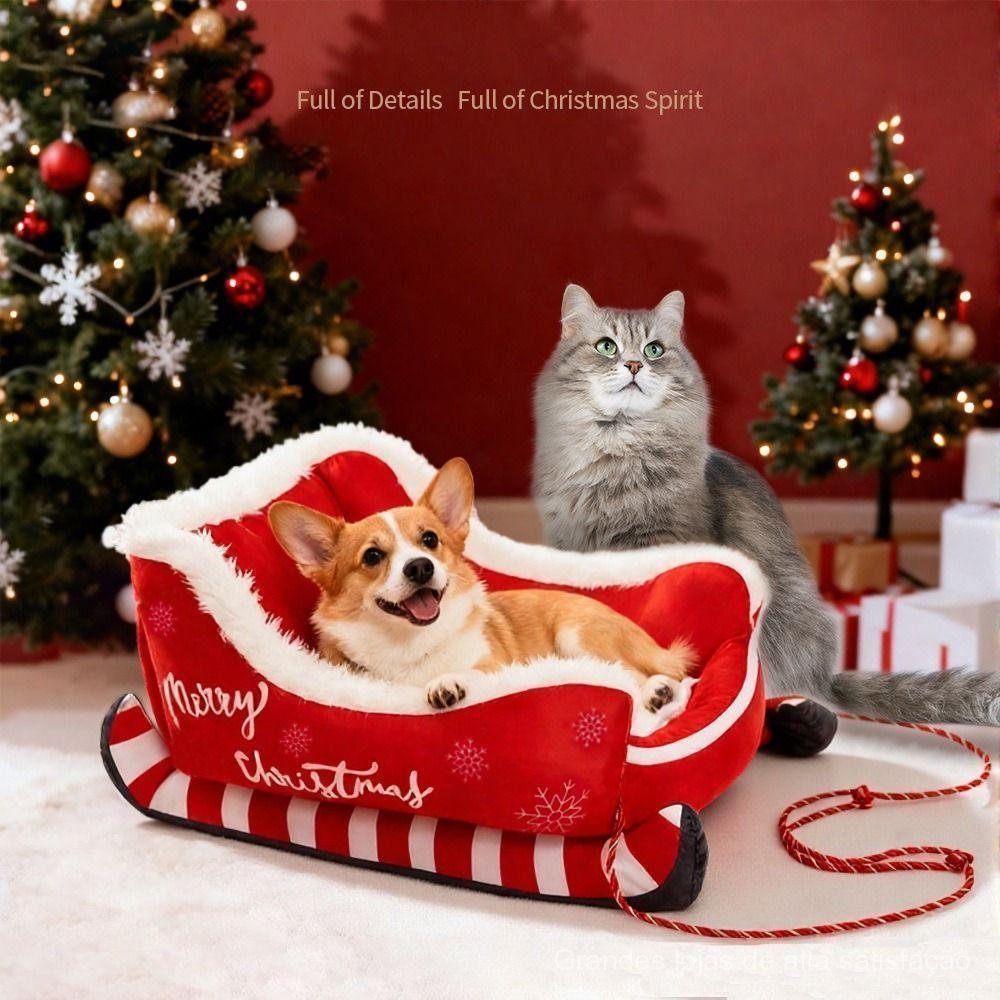 Cama para Cães em Forma de Trenó de Natal, Sofá-Cama Acolchoado Lavável, Base Antiderrapante, Cama Confortável para Anim