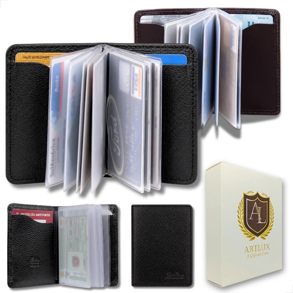 Porta Cartões Masculino Couro Legítimo Premium Slim Flip com Divisórias em Plástico 20 cartões