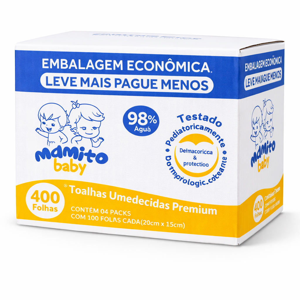 Lenço Umedecido Mamito Baby Premium Caixa 4 Pacotes 100 Folhas 400 Toalhas Umedecidas Hipoalergênico Vegano Flip Top