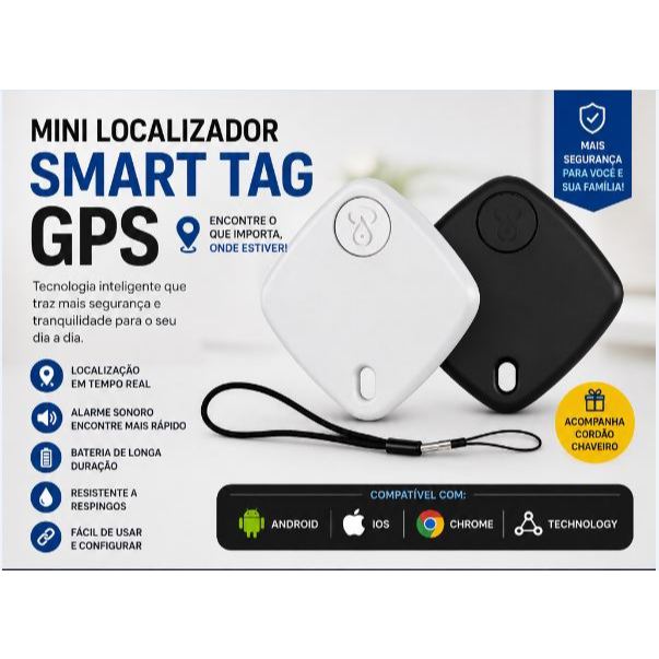 Mini Localizador Rastreador Smart Tag Gps Com Cordão Chaveiro Cor Preto Compatível Com Android Samsung, Motorola,Xiaomi,