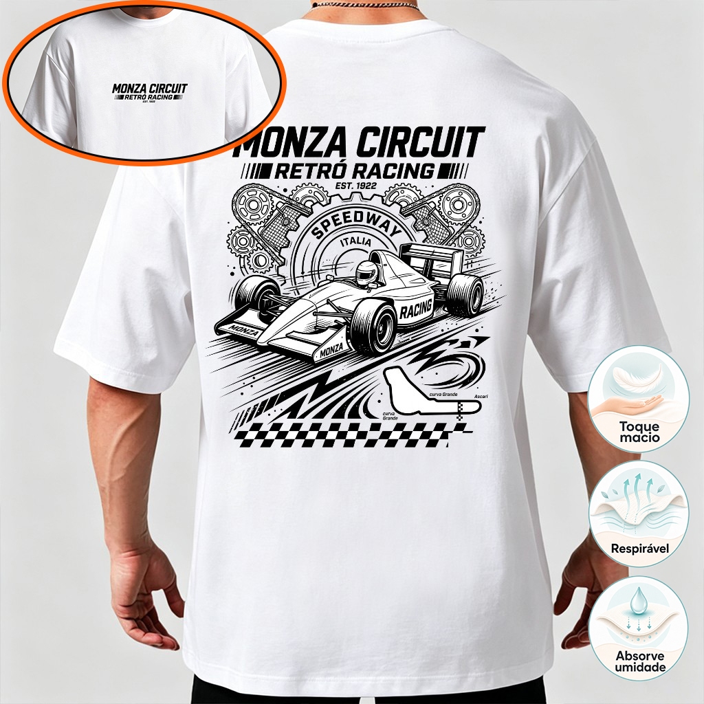 Camiseta Retrô Corrida Monza Circuit Estampada 100% Algodão Masculina Plus Size