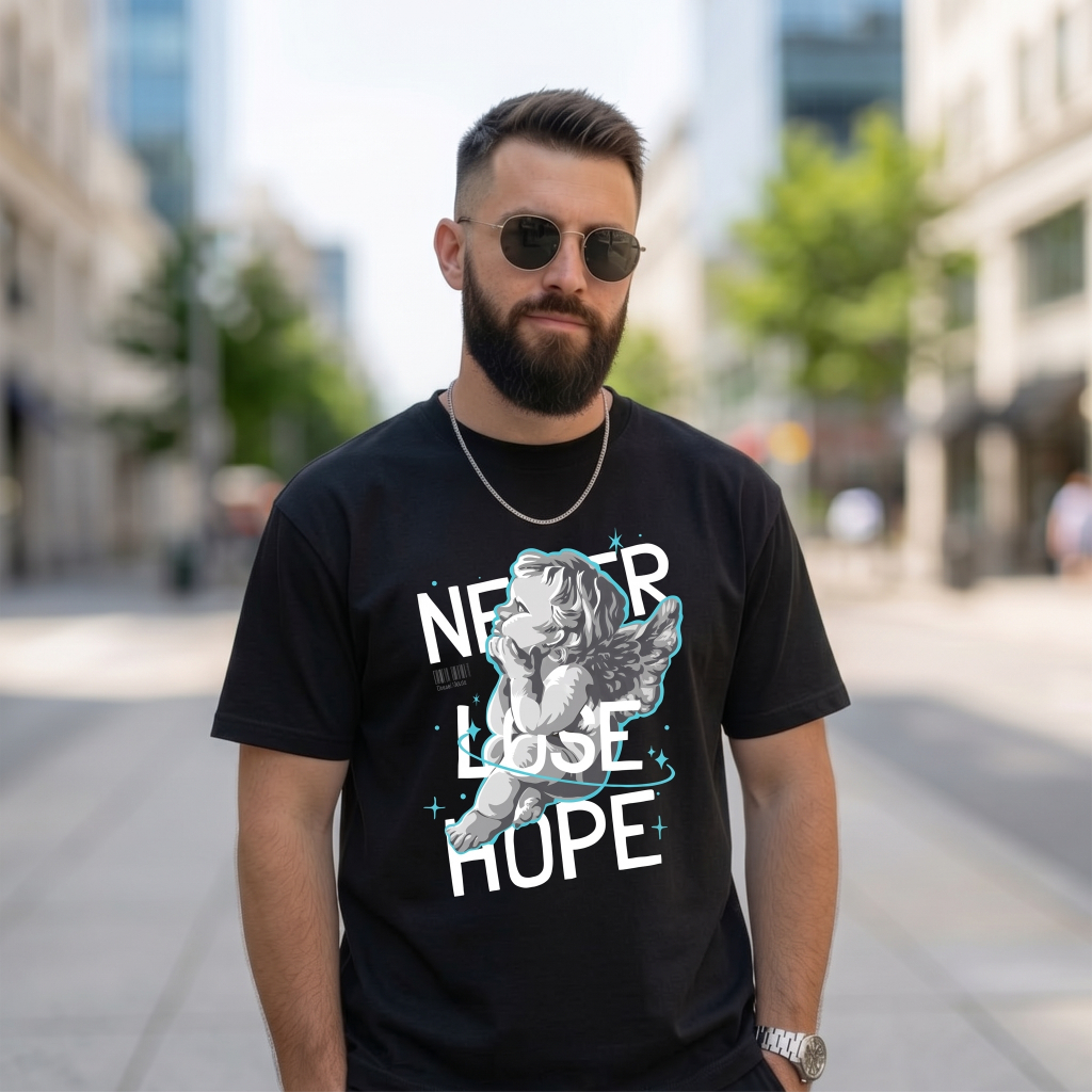 Camiseta Masculina Anjo Never Lose Hope Estampada 100% Algodão Premium Streetwear Casual Moda Urbana
