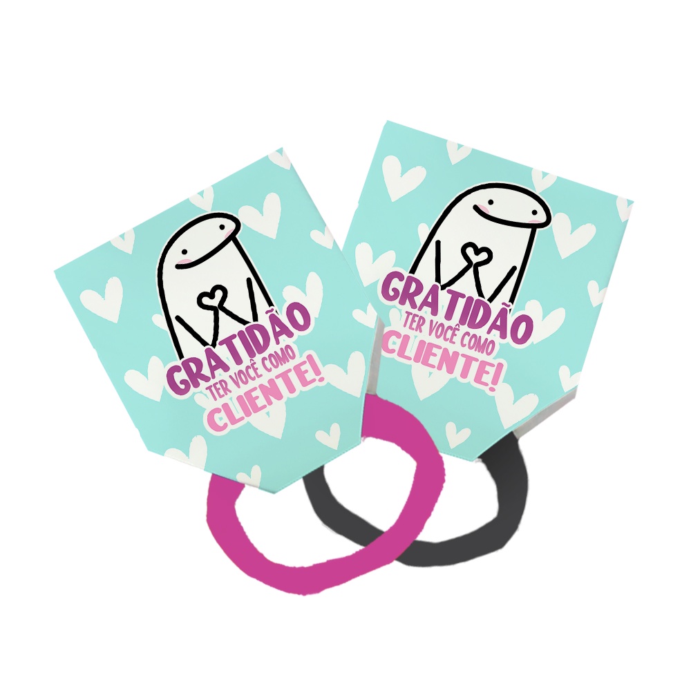 Pack 50 Lacinho Xuxinha De Cabelo + Tag Gratidão Cliente Meme Bento Flork Corações Azul Claro
