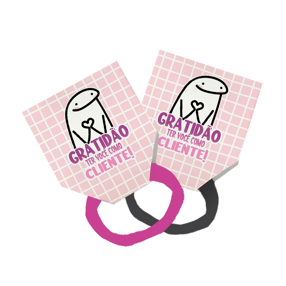 Pack 50 Lacinho Xuxinha De Cabelo + Tag Gratidão Cliente Meme Bento Flork Quadriculado Rosa e Branco