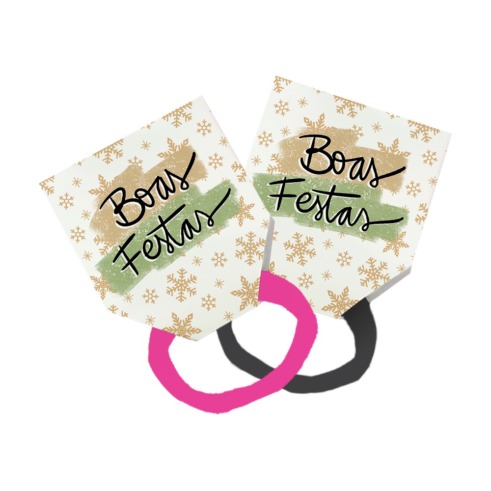 Pack 50 Lacinho Xuxinha De Cabelo + Tag Boas Festas Flocos De Neve Branco Dourado