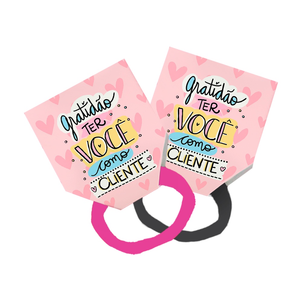Pack 50 Lacinho Xuxinha De Cabelo + Tag Gratidão Cliente Rosa Corações Coração