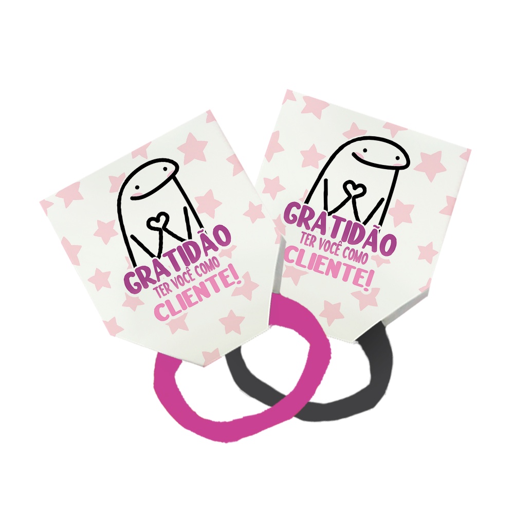 Pack 50 Lacinho Xuxinha De Cabelo + Tag Gratidão Cliente Meme Bento Flork Estrelas Rosa Branco