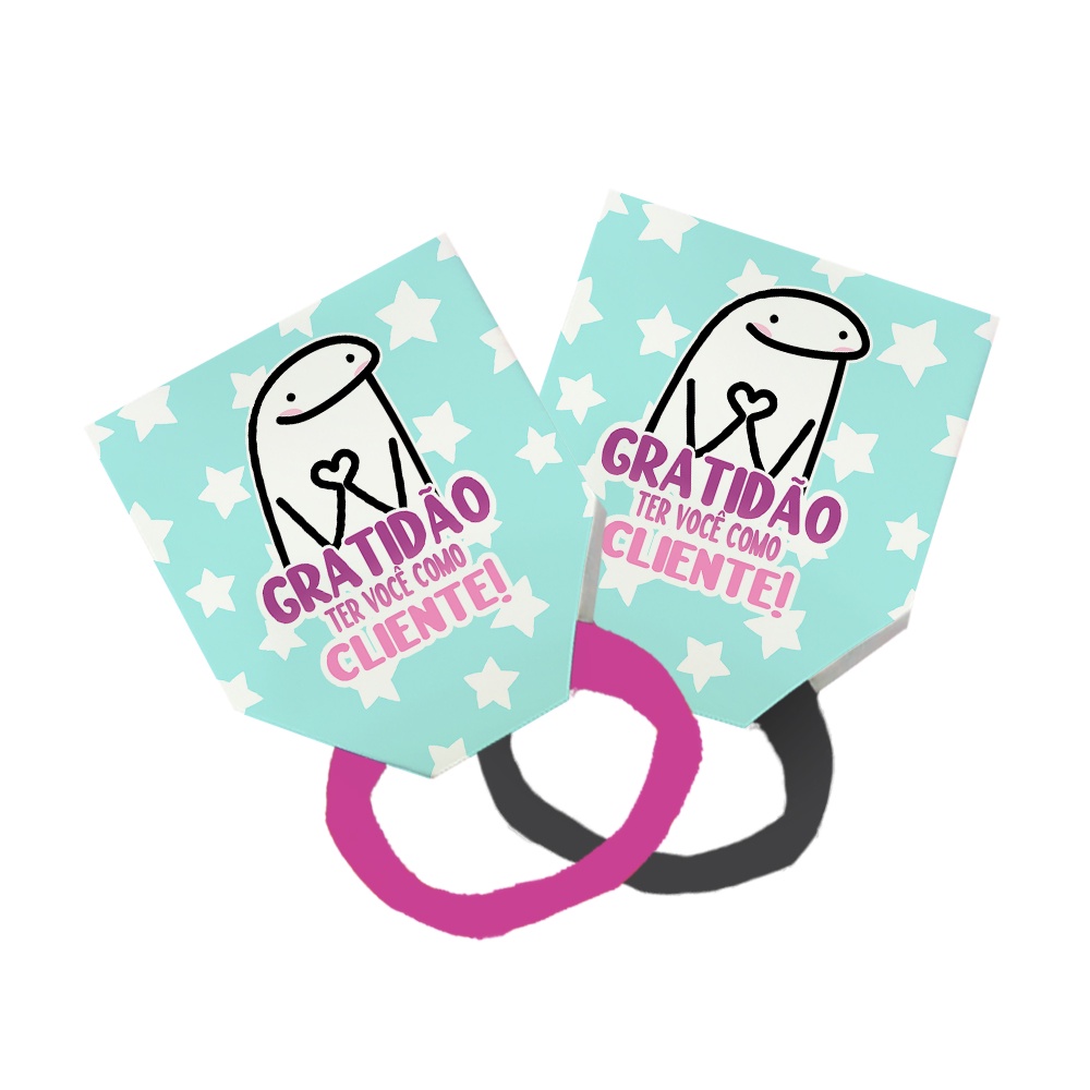 Pack 50 Lacinho Xuxinha De Cabelo + Tag Gratidão Cliente Meme Bento Flork Estrelas Azul Branco