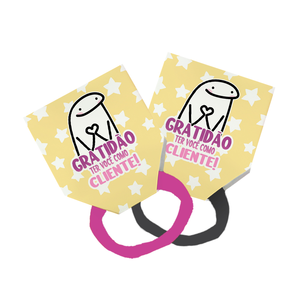 Pack 50 Lacinho Xuxinha De Cabelo + Tag Gratidão Cliente Meme Bento Flork Estrelas Branco Amarelo