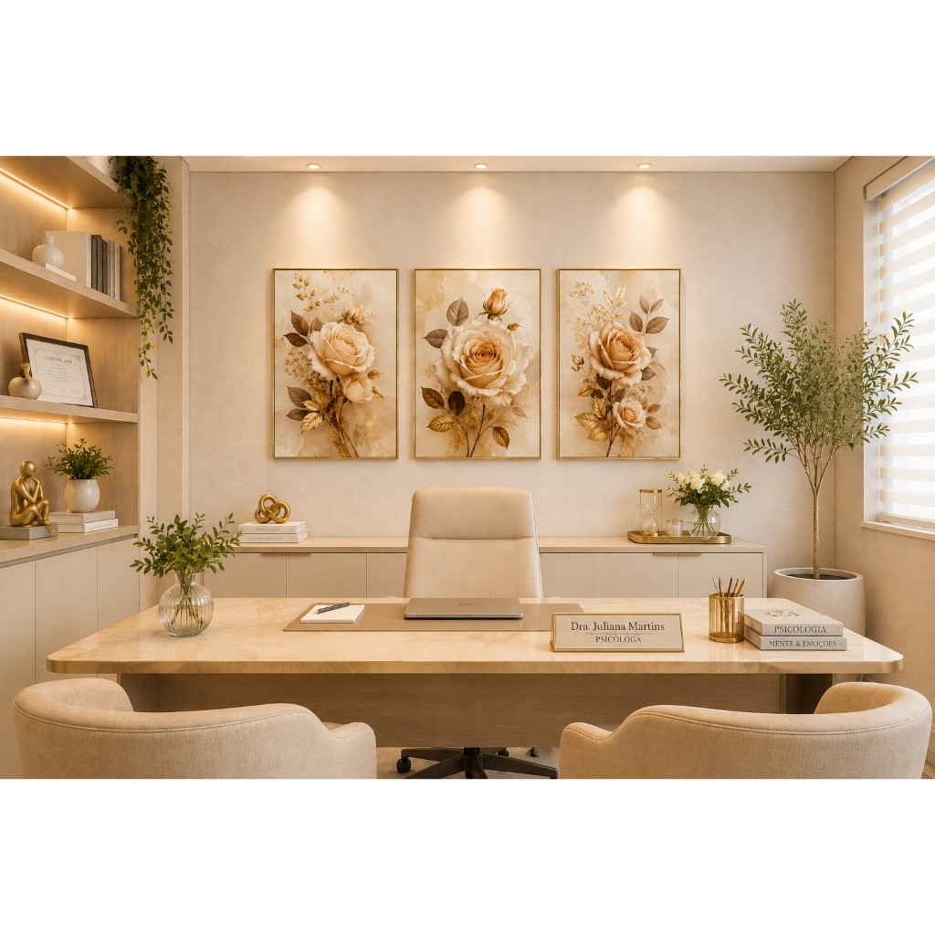 Kit 3 Quadros Decorativos Flores Bege Luxury Soft – Rosas Elegantes em Tons Neutros  Arte Botânica Moderna Premium