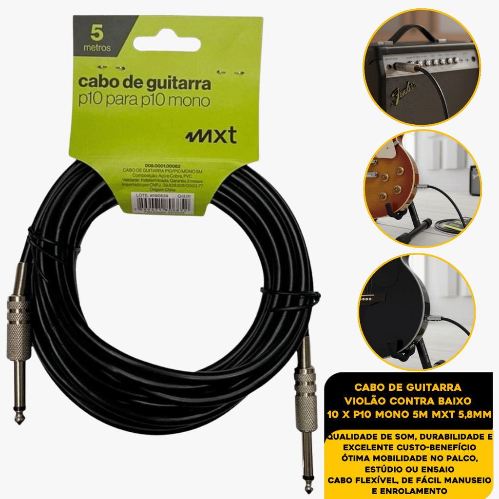Cabo Guitarra Violão Baixo P10 X P10 5 Metros Pro Series