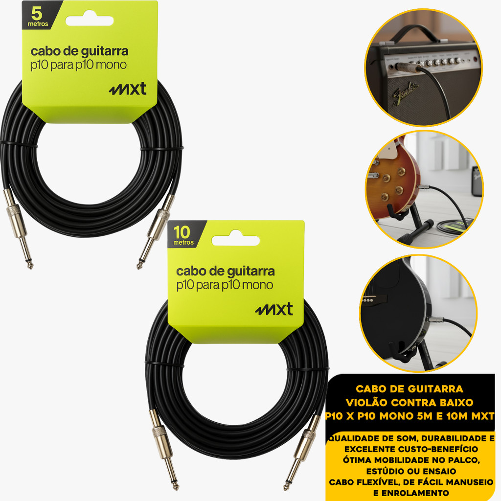 Cabo Guitarra Violão Baixo P10 X P10 Kit Mono Pro Series 5 e 10 Metros Premium