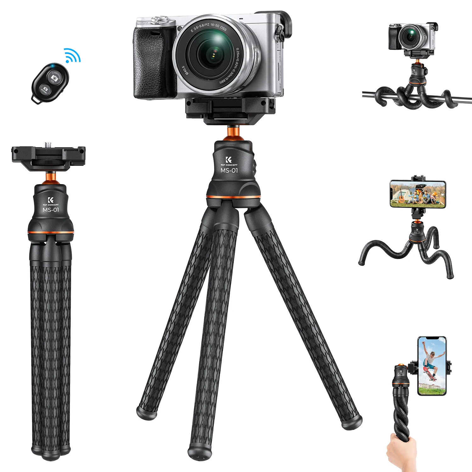 K&F CONCEPT Camera Tripod New Versatile Adjusted Mini Flexible Mobile Phone Stand Tripod Cellphone Clip Bluetooth Remote Control