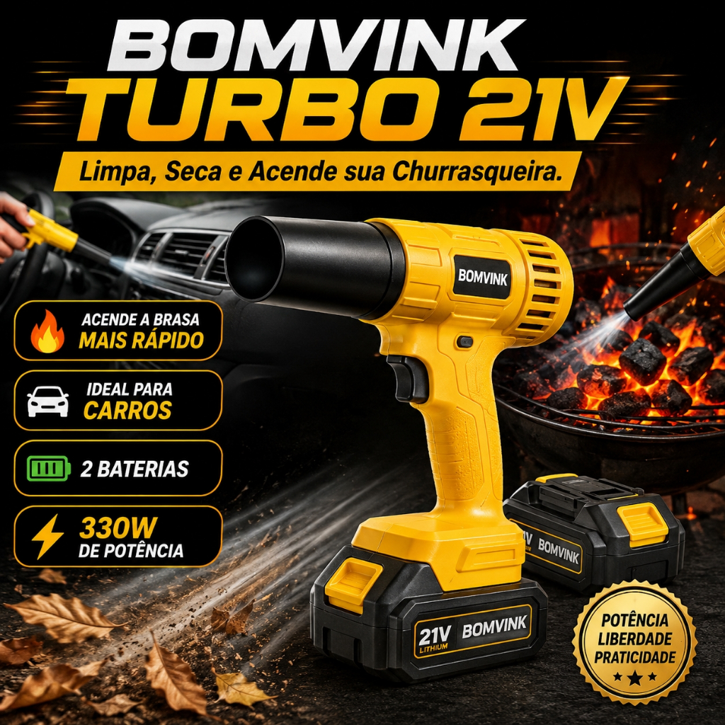 Soprador de Ar Turbo Sem Fio 21V BOMVINK 330W 2 Baterias Limpeza Automotiva Churrasqueira Oficina