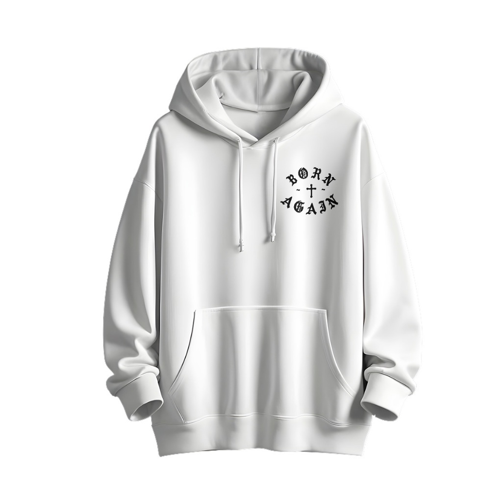 Moletom Unissex Canguru Estampado Born Again com Cruz Central e Tipografia Gótica Estilo Streetwear Urbano Manga Longa
