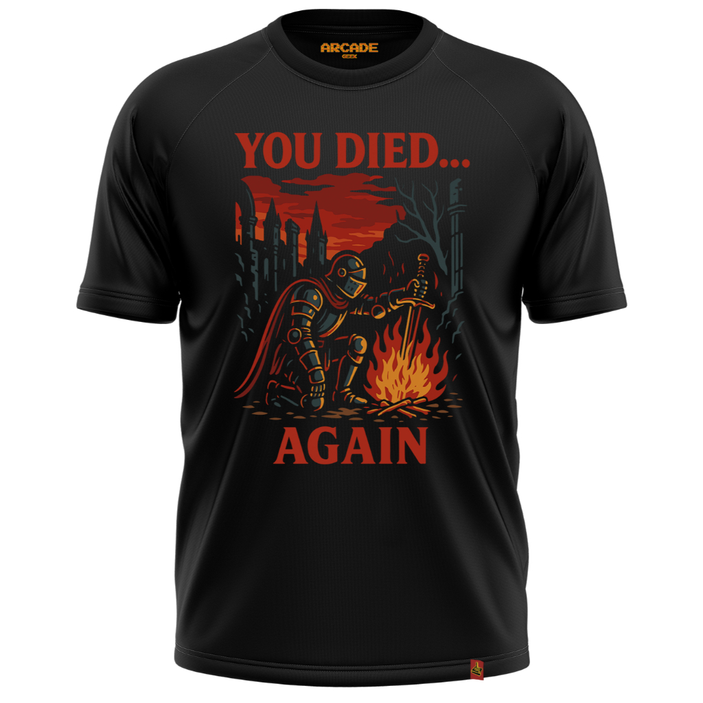 CAMISETA ARCADE GEEK GAMER SOULSLIKE YOU DIED AGAIN HARD NERD DARK