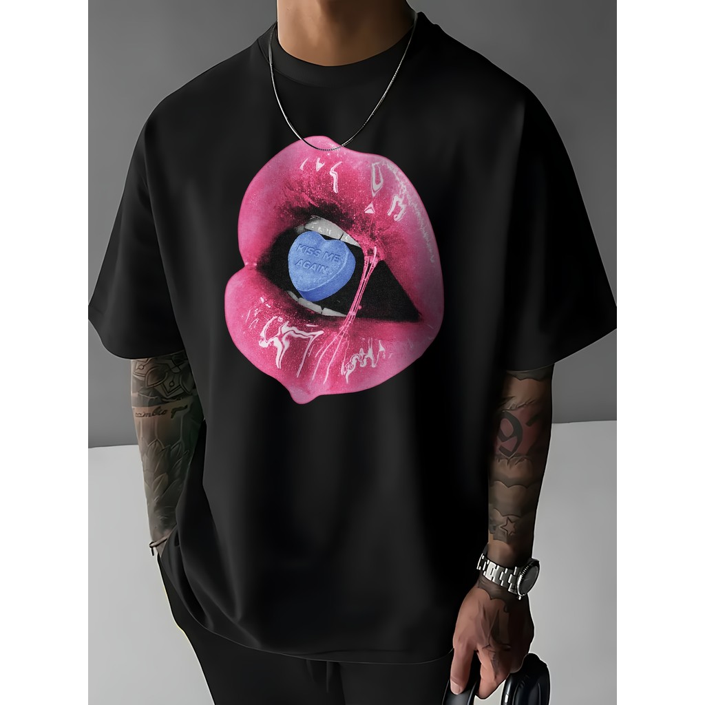 Camiseta Masculina Estilosa, Folgada E Feita De Puro Algodão, Com Estampa De Lábios Vermelhos 