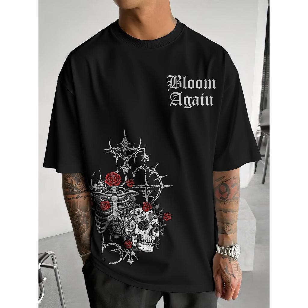 Camiseta Masculina Streetwear Algodão Penteado Infantil Adulto Plus Size Bloom Again Caveira Lado Moda Rosas Esqueleto