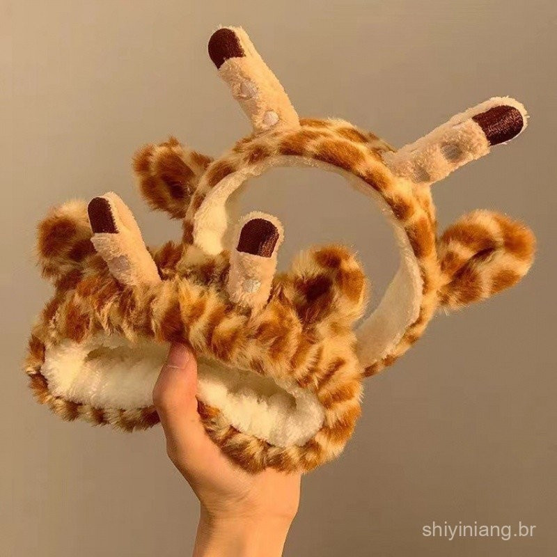 Bonito Girafa Lavagem Rosto Cabelo Banda Tridimensional Animal Plush Cartoon Cabeça Headband Internet Celebrity Antlers