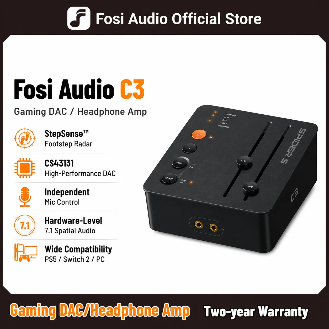 Fosi Audio C3 Gaming DAC Amp CS43131 Footstep Enhancement Headphone Amplifier for PC PS5 Gamer USB Sound Card with MIC Control