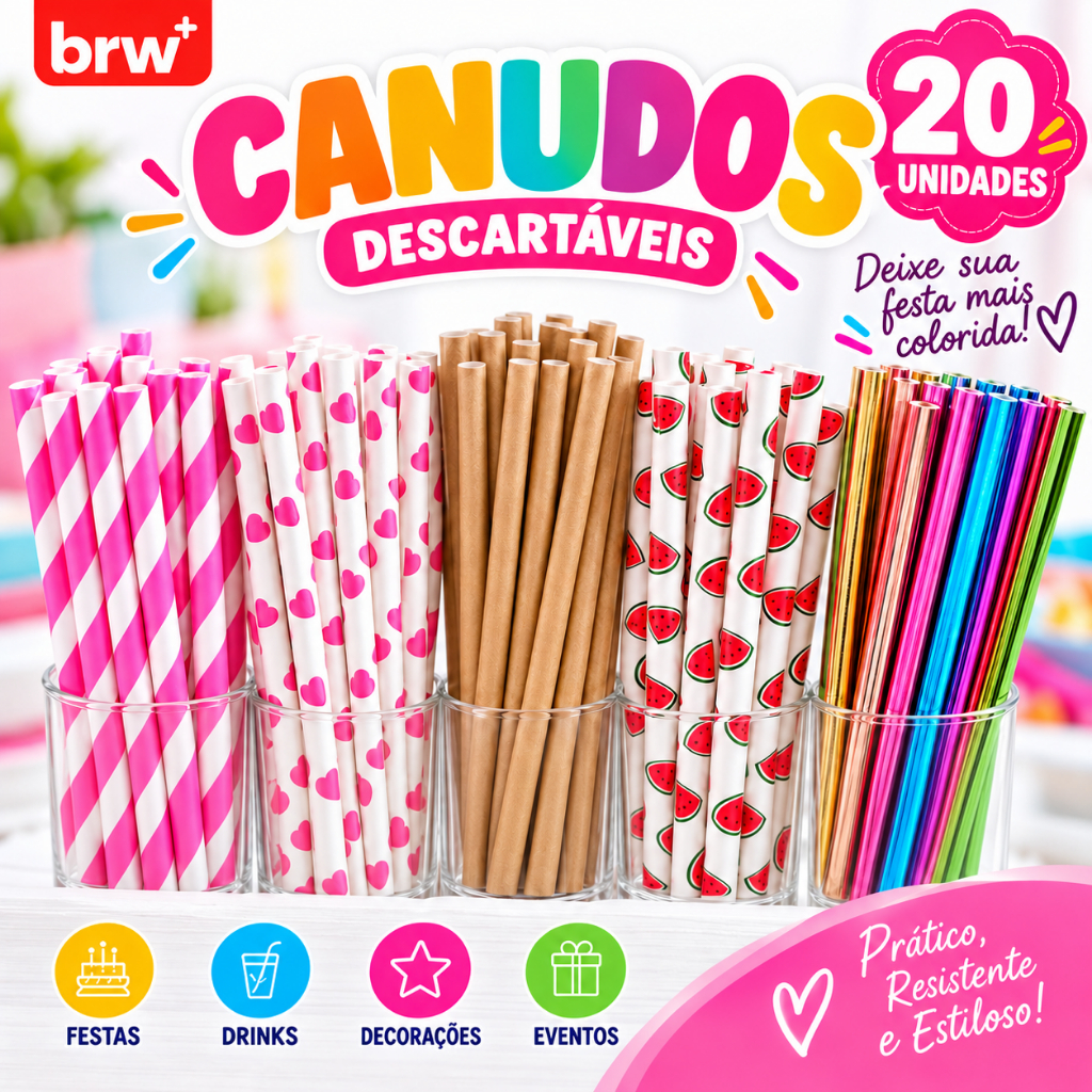 20 Canudos de Papel para Festa Coloridos Listrados Metálicos Drinks Várias Cores Descartáveis