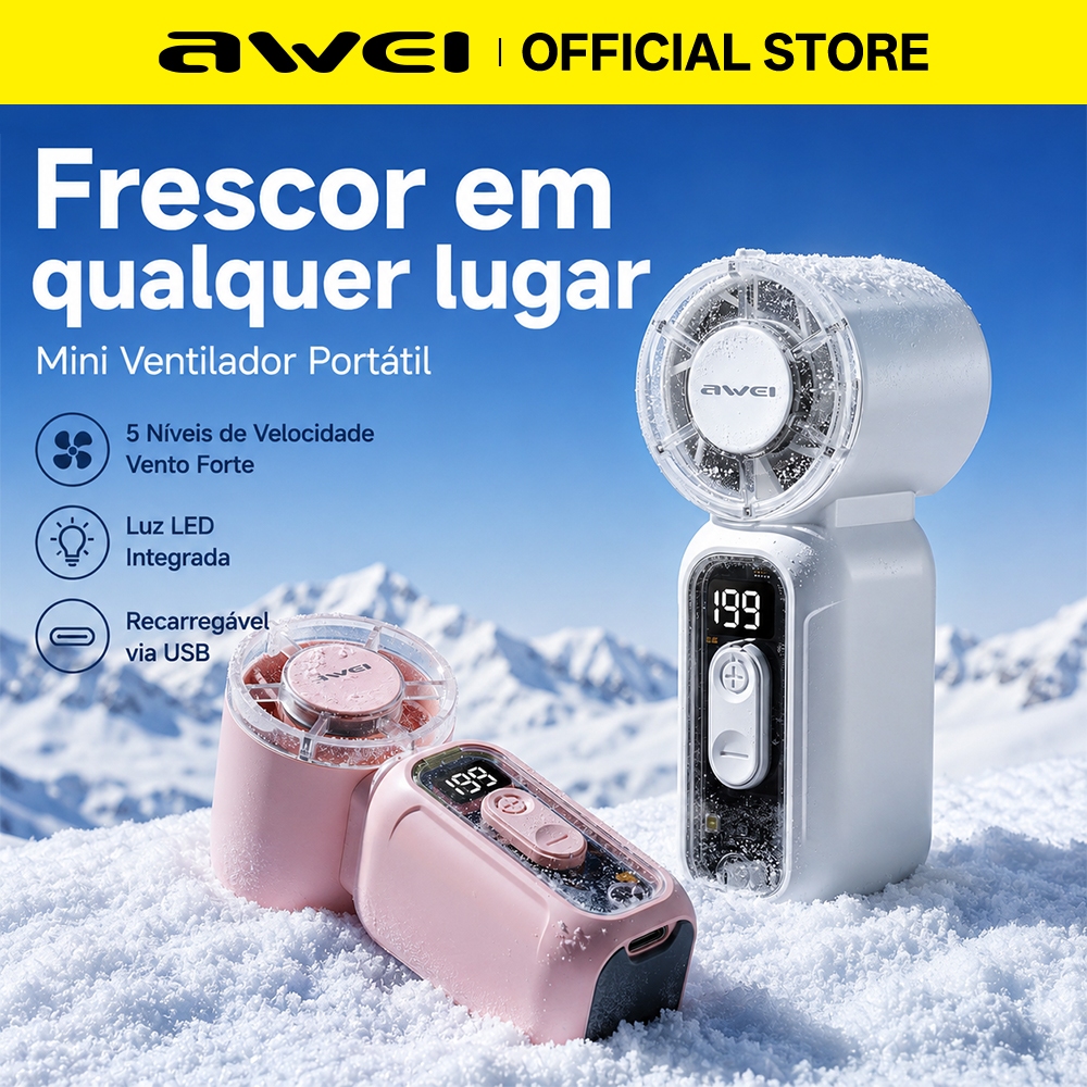 Ventilador Turbo Portátil AWEI F59 Recarregável USB 7 Pás 5 Velocidades 500mah Ultra Leve 100g com Lanterna 11700RPM