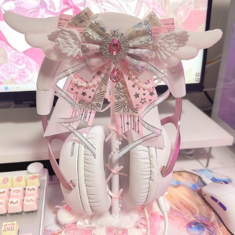 Angel Wings Headphone Stand Custom New Pink Lace Bow Headset Holder Kawaii Desktop Decoration for Gaming Headset Display Gift