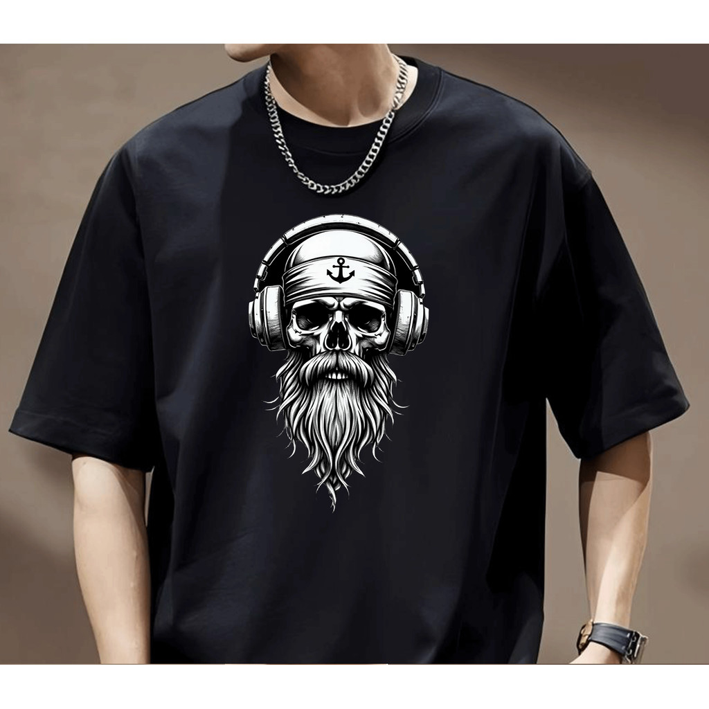 Camiseta estilosa atemporal tema calavera marinheiro estampa com headset e barba longa estilo retrô