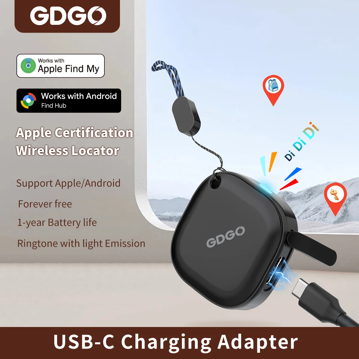 GDGO USB-C Smart Tag Works with Apple Find My & Android Find Hub Anti-Lost Locator with Light Beep Alarm for Keys Wallet Luggage