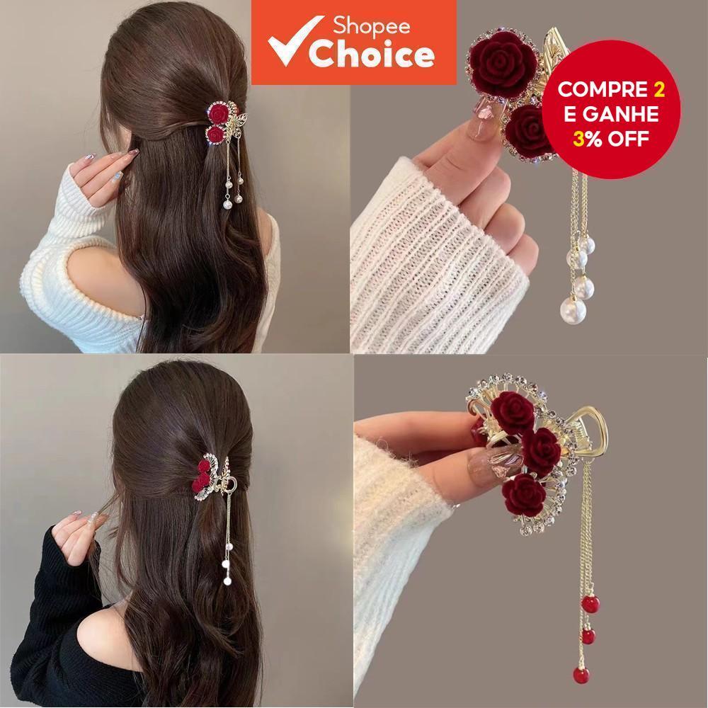 Grampo De Cabelo Coreano – Com Borla De Flor Vermelha Para Mulheres , Estilo Meio Acima Do Festival