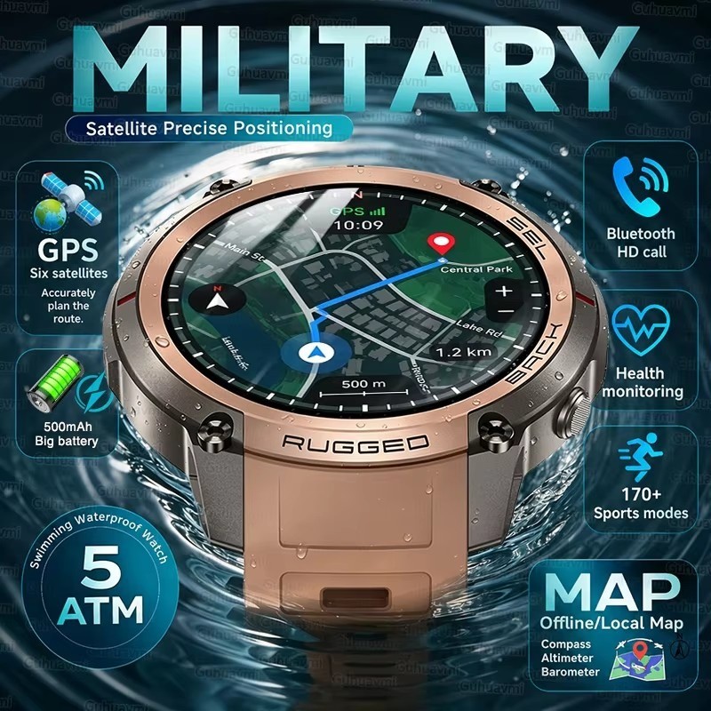 2026 Satélite Militar Mapa Offline GPS Relógio Inteligente Masculino 1.43'AMOLED Bluetooth Chamada Bússola 5ATM À Prova