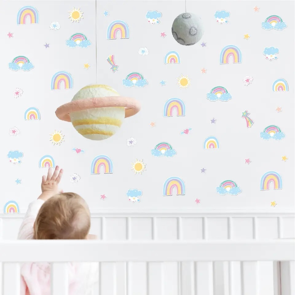 3 X Cartelas 52 Adesivos Arco Iris Bohemian BOHO Quarto menina menino Decoração Nuvem Rainbown Papel Parede Infantil