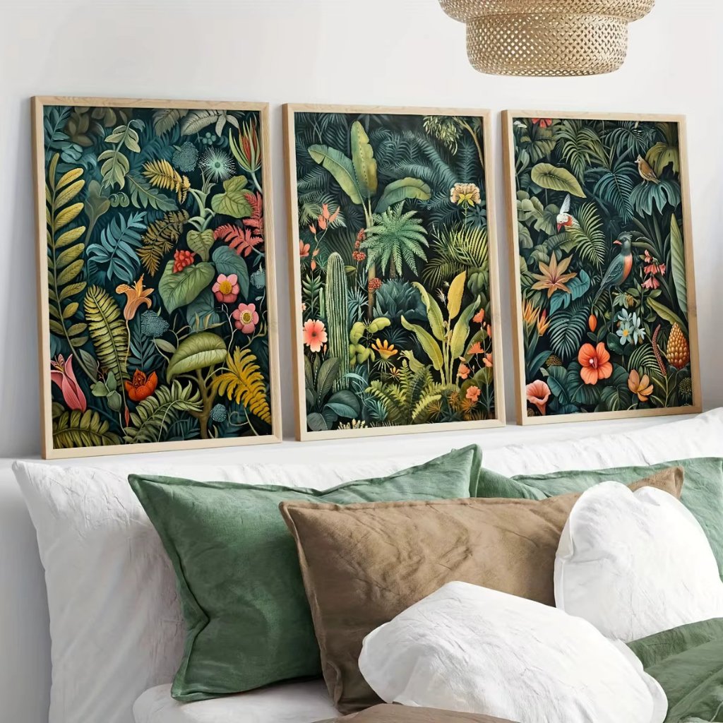 Kit 3 Quadros Vintage Tropical Arte Jungle Flores e Folhas Inspirada Henry Rousseau Sala e Quarto