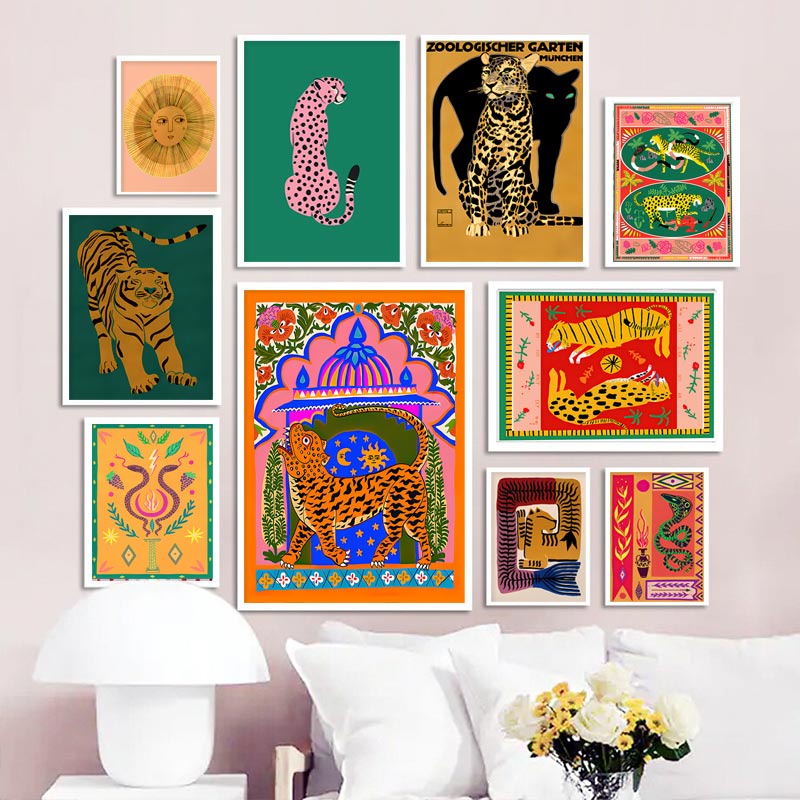 Pôster Abstrato Colorido E Impressão Tiger Leopard Jungle Tropical Wall Art Canvas Pintura De Parede Decoração De Sala De Estar