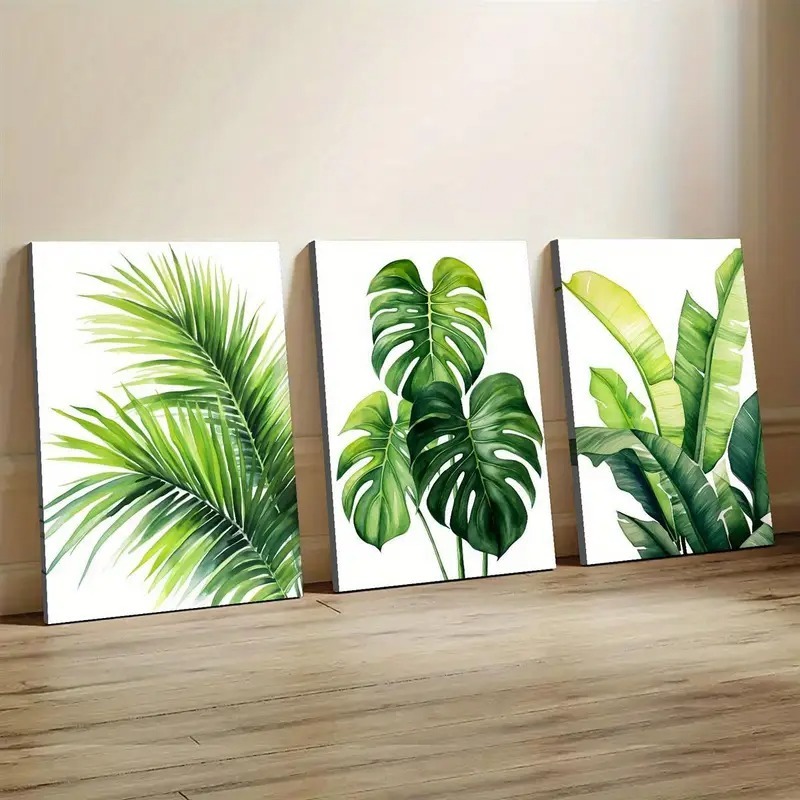 KIT 3 Quadros Folhas Tropicais Aquarela | Decoração Sala Botânico Jungle Verde