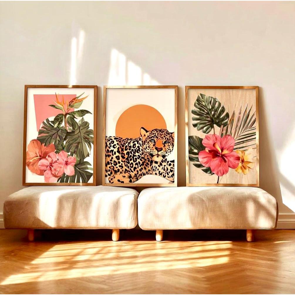 Quadro Trio Onça Pintada Tropical flores cores vivas Tendência Urban Jungle 2026