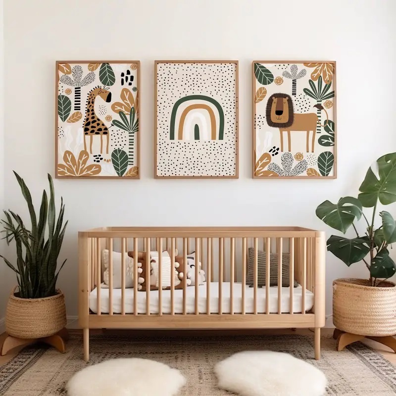 Quadro decorativo 3 peças 40x60 Safari Selva Jungle BOHO girafa Leão arco verde tropical para quarto infantil bebê