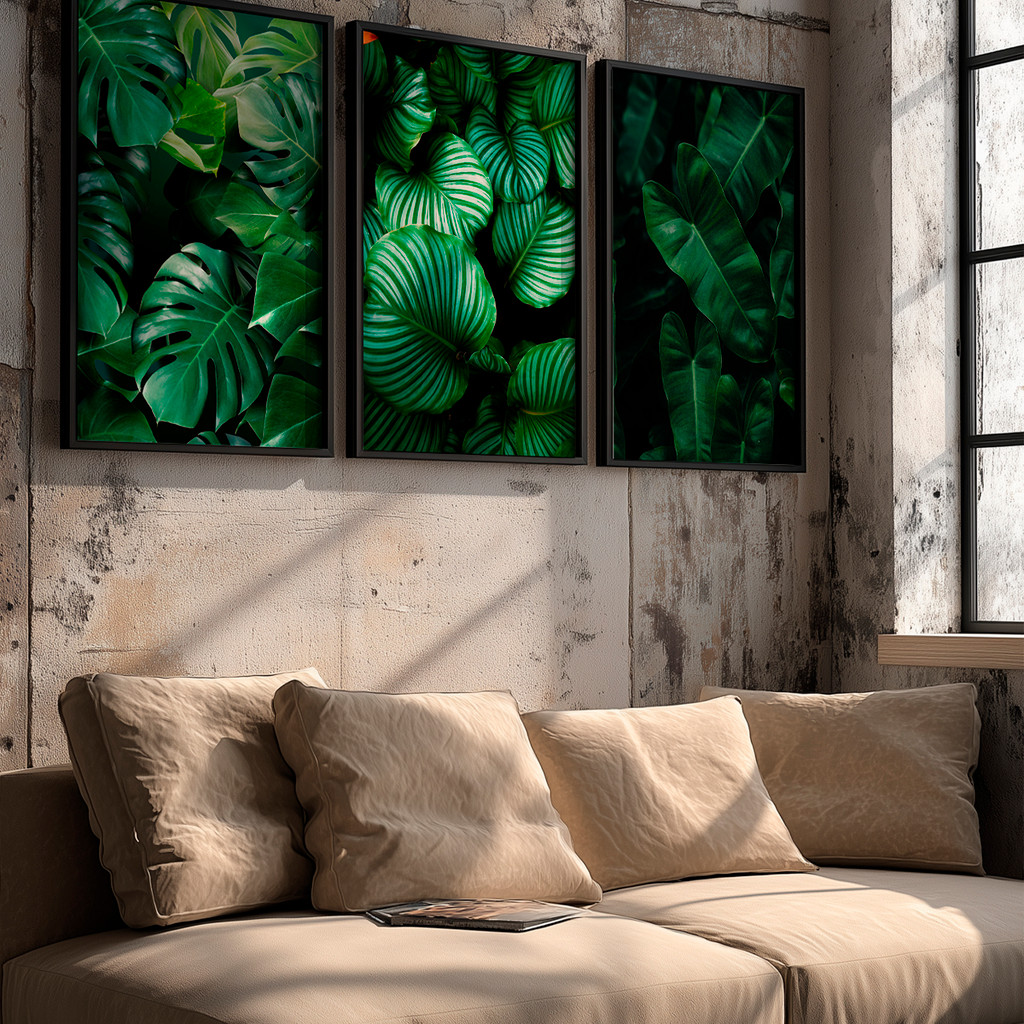 Kit 3 Quadros Folhagem Verde Tropical Natureza Selva Plantas Urban Jungle Moderno Com Moldura