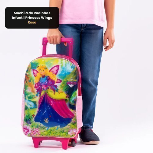 Mochila Rodinhas Infantil Princess Wings Rosa Poliéster 17 Litros FIRST