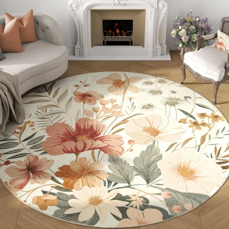 Round Living Room Carpet Vintage Nordic Style Floral Print Bedroom Rug Large Area Machine Washable Foldable Coffee Table Mats 러그