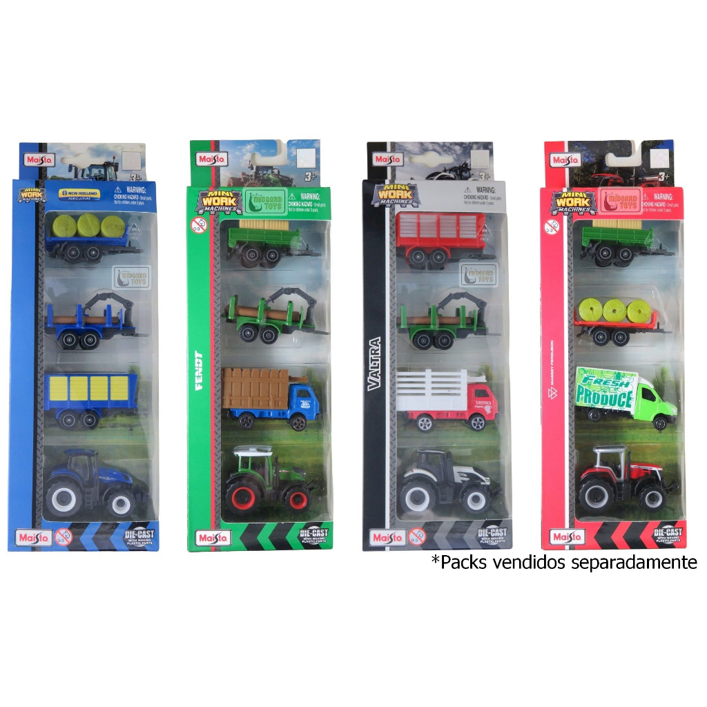 Pack 4 Miniaturas da Fazenda c/ Trator e Carretas - Mini Work Machines - 1/64 - Maisto