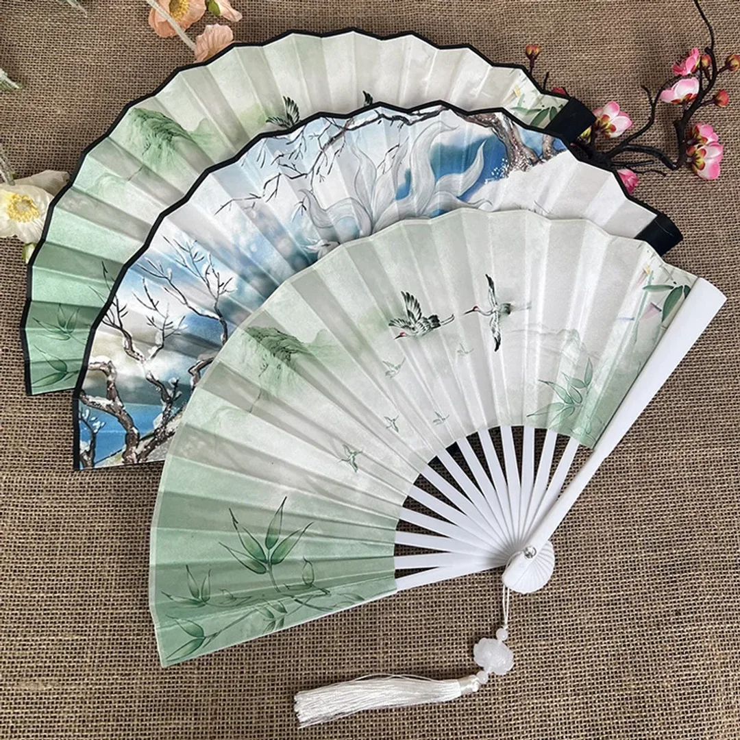 1Pcs 8inch With Tassel Craft Style Foldable Hand Fan Portable Folding Wedding Party Photo Props With Art Craft Gift Home Decor