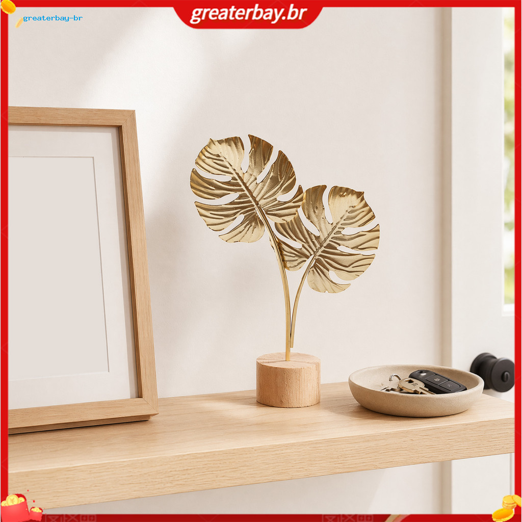 Modern Gold Metal Leaf Sculpture Palm Ginkgo Feather Design with Wood Base Elegant Desktop Ornament for Room Office Book