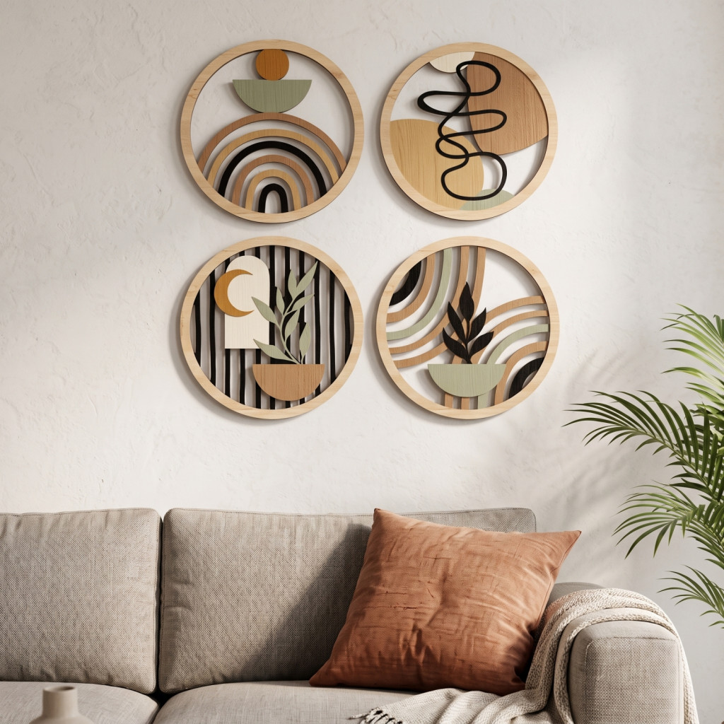 Rustic Wooden Wall Decor Boho Hanging Art Pieces 4pcs Set – 2d Flat Round Geometric Signs Modern Bohemian Wood for Roo