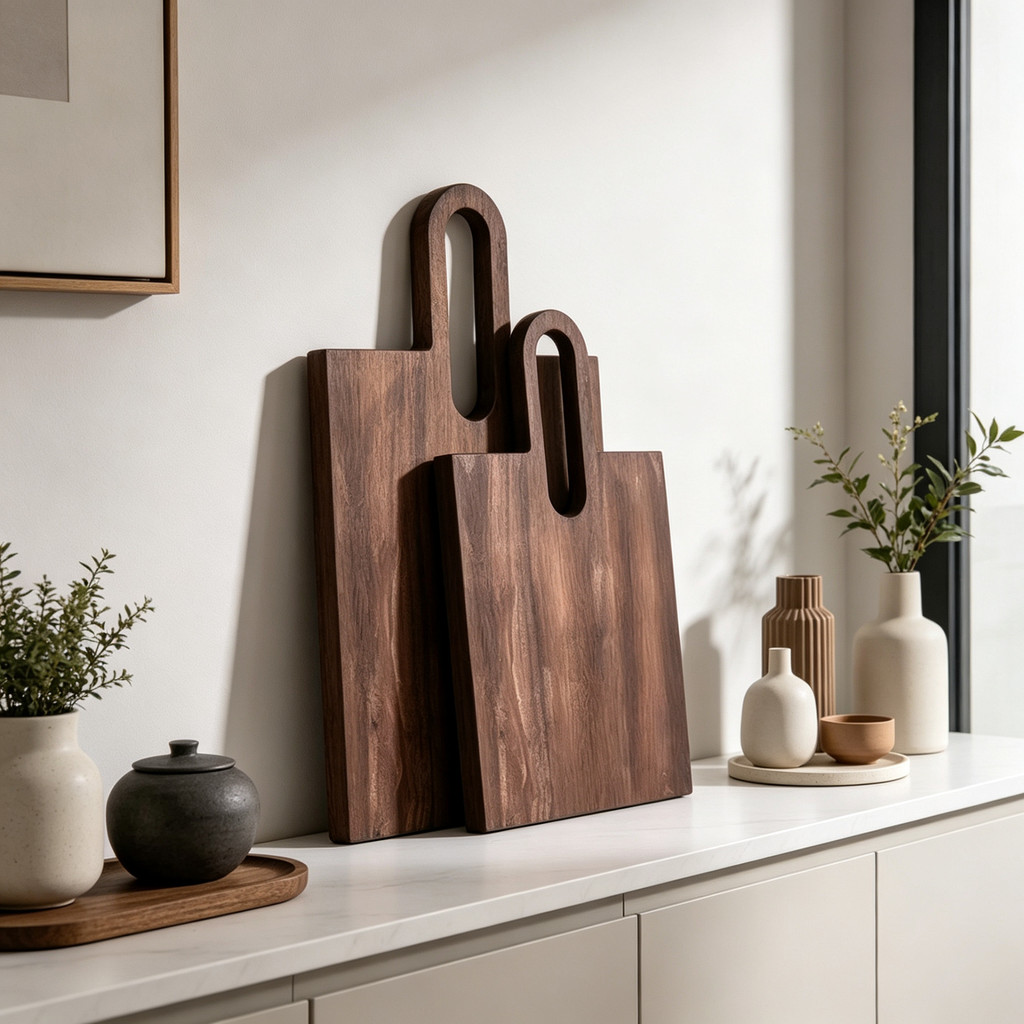 B4GW Modern Wabi-Sabi style walnut wood serving tray, creative solid wood cutting board, decorative piece for entryway,