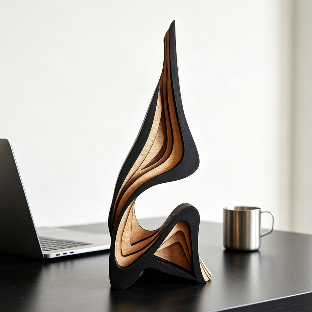 Modern Minimalist Handcrafted Solid Wood Sculpture Abstract Curved Figurine for Room Office Entryway Tabletop Decor –