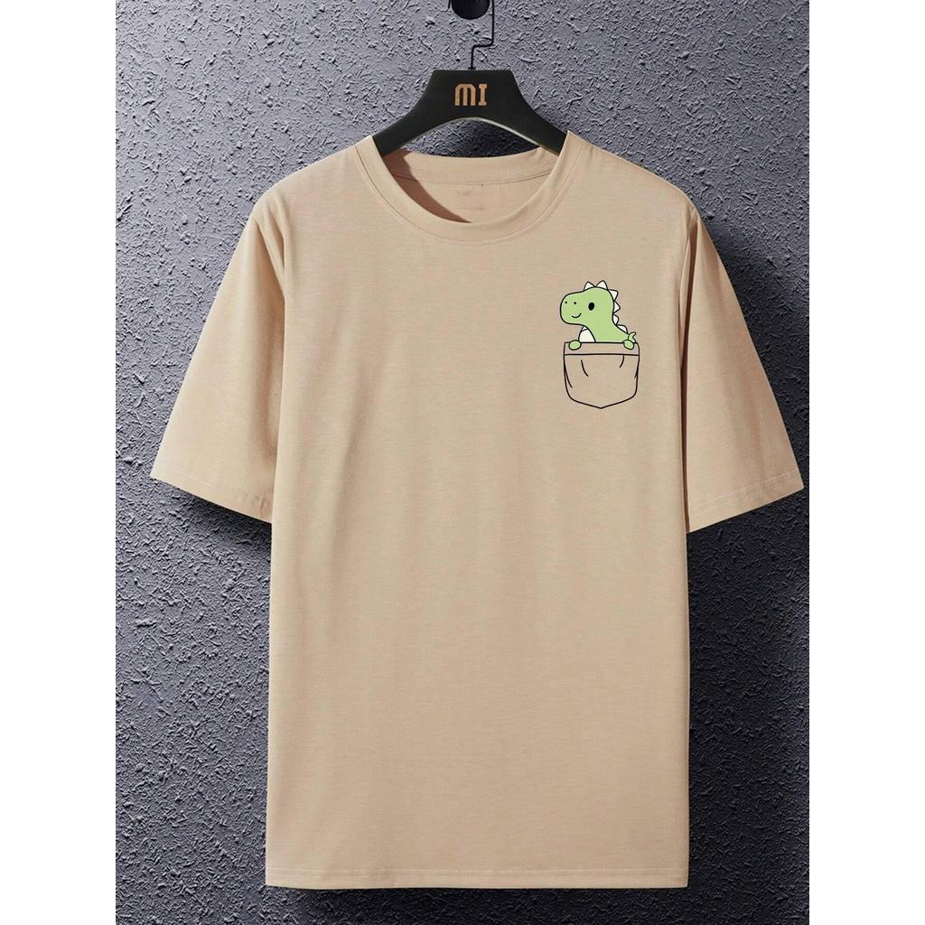 Camiseta Masculina Streetwear Algodão Penteado Infantil Adulto Plus Size Estampa menino Bolso Dino Meigo Animal Cartoon